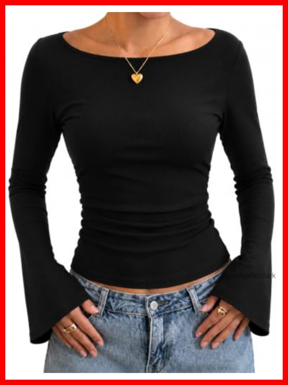 Boat Neck Bell Sleeve Ribbed Knit Top Long Sleeve Ruched Waist